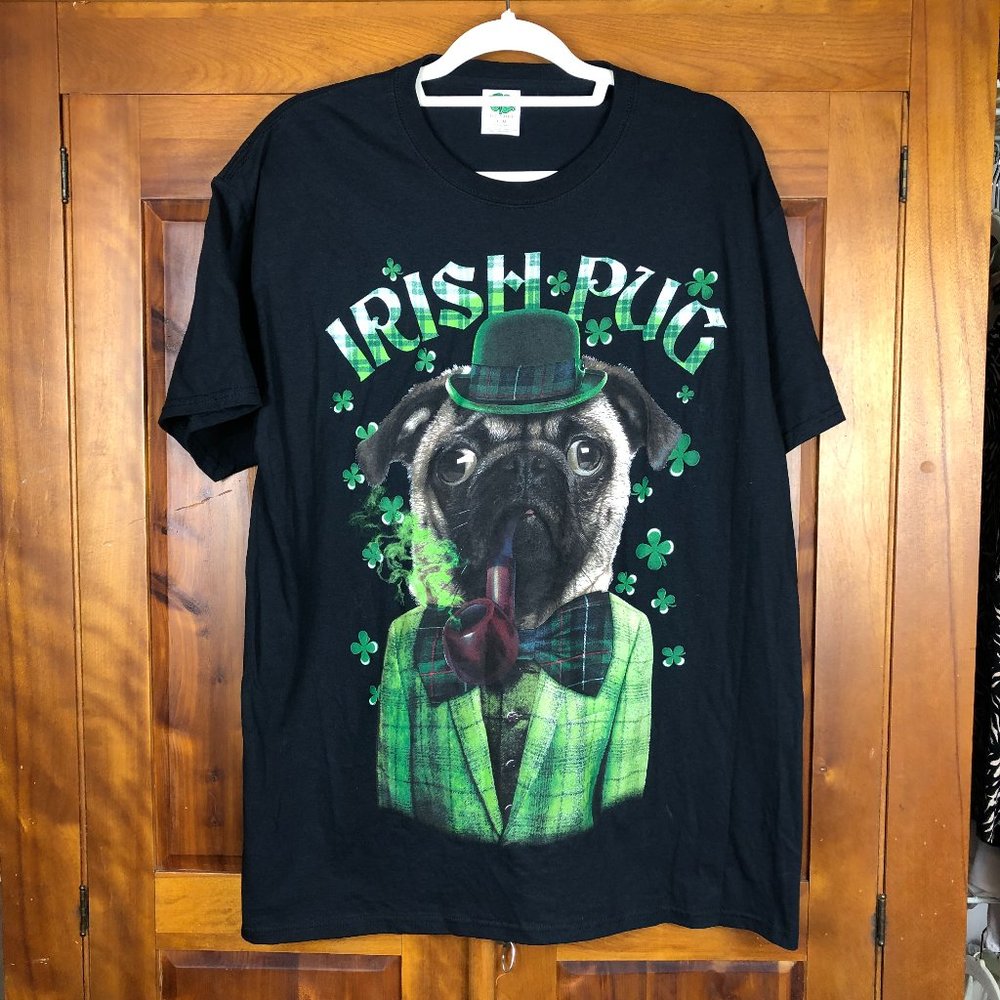 Lucky Irish Pug Green & Black Good Luck Comfy T-Shirt Festival Dog Lover Paws